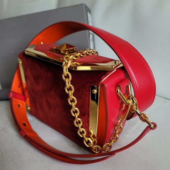 Alexander McQueen Box Velvet 16 Dark Red Gold Leather Shoulder Bag Square